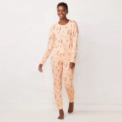 Women's LC Lauren Conrad Cozy Long Sleeve Pajama Top & Pajama Pants Set -LC Lauren Conrad shop 5034248 Champagne Bottle Pink