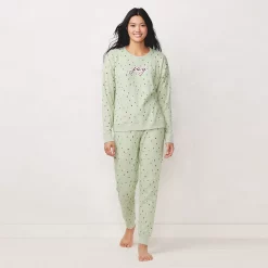 Women's LC Lauren Conrad Cozy Long Sleeve Pajama Top & Pajama Pants Set -LC Lauren Conrad shop 5034248 Green Joy