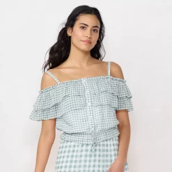 Women's LC Lauren Conrad Button-Front Off-The-Shoulder Top -LC Lauren Conrad shop 5533979 Chambray Gingham