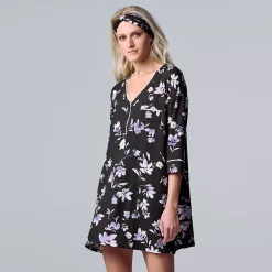Women's Simply Vera Vera Wang 3/4 Sleeve Cozy Henley Sleepshirt with Matching Headband -LC Lauren Conrad shop 5582805 Black Floral