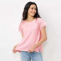 Women's LC Lauren Conrad Eyelet Flutter Sleeve Top -LC Lauren Conrad shop 5588287 Pink Umbrella