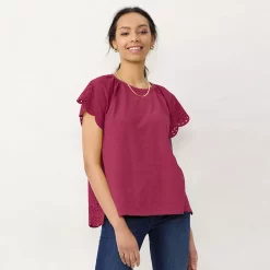 Women's LC Lauren Conrad Eyelet Flutter Sleeve Top -LC Lauren Conrad shop 5588287 Wine Chalet