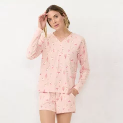 Women's LC Lauren Conrad Long Sleeve Henley Pajama Top & Pajama Shorts Sleep Set -LC Lauren Conrad shop 5725516 Pink Winter Houses