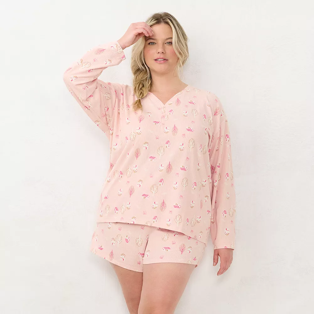 Plus Size LC Lauren Conrad Long Sleeve Henley Pajama Top & Pajama Shorts Sleep Set 4 Plus Size LC Lauren Conrad Long Sleeve Henley Pajama Top & Pajama Shorts Sleep Set - Image 2