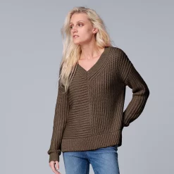 Women's Simply Vera Vera Wang Ribbed V-Neck Sweater -LC Lauren Conrad shop 5799942 Plum Past