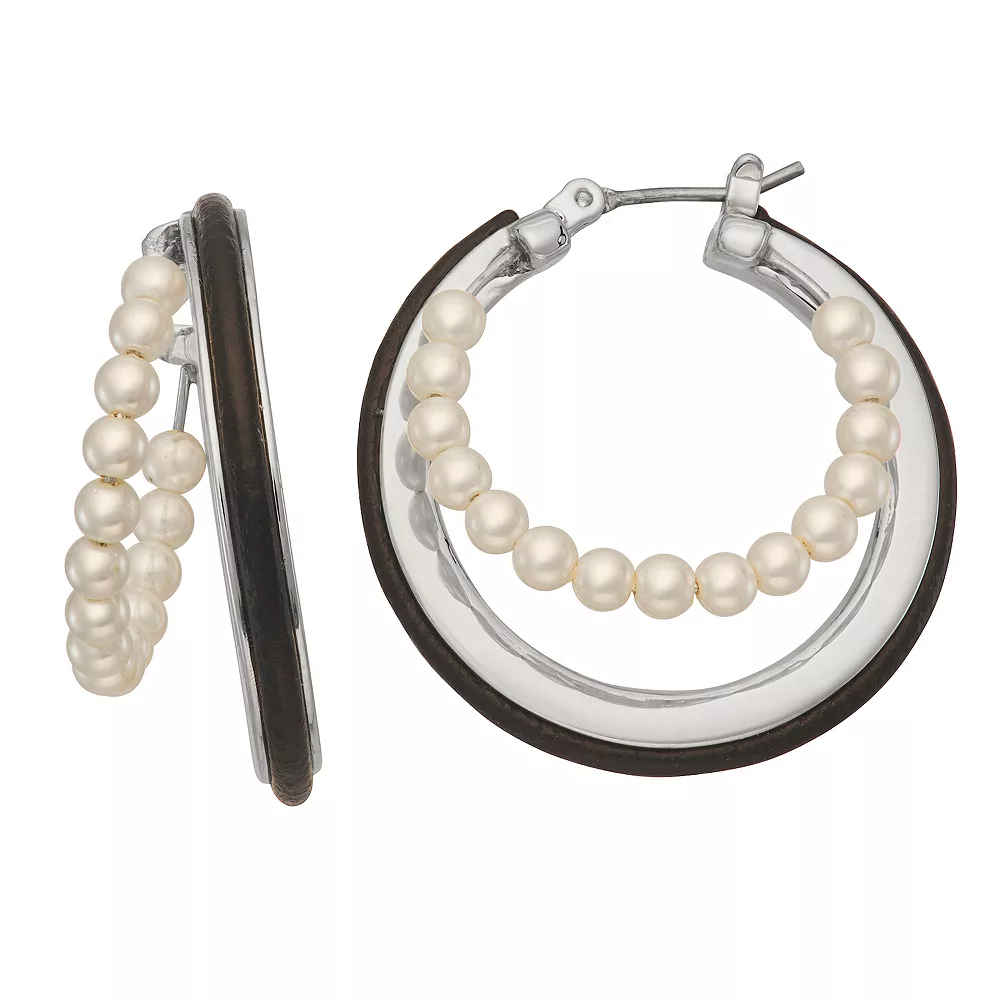 Simply Vera Vera Wang Silver Tone Simulated Pearl & Leather Layered Hoop Earrings 2 Simply Vera Vera Wang Silver Tone Simulated Pearl & Leather Layered Hoop Earrings