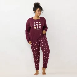 Plus Size LC Lauren Conrad Cozy Long Sleeve Pajama Top & Pajama Pants Set -LC Lauren Conrad shop 6066040 Cat Hats Wine