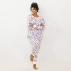 Plus Size LC Lauren Conrad Cozy Long Sleeve Pajama Top & Pajama Pants Set -LC Lauren Conrad shop 6066040 Cream Brigitta Blooms