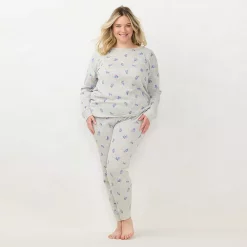 Plus Size LC Lauren Conrad Cozy Long Sleeve Pajama Top & Pajama Pants Set -LC Lauren Conrad shop 6066040 Gray Mistletoe Toss