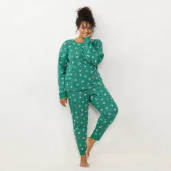 Plus Size LC Lauren Conrad Cozy Long Sleeve Pajama Top & Pajama Pants Set -LC Lauren Conrad shop 6066040 Green Cat Hats