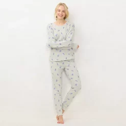 Petite LC Lauren Conrad Cozy Long Sleeve Pajama Top & Banded Bottom Pajama Pants Set -LC Lauren Conrad shop 6066043 Gray Mistletoe Toss