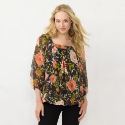 Petite LC Lauren Conrad Squareneck Peasant Top -LC Lauren Conrad shop 6171599 Black Pressed Peony
